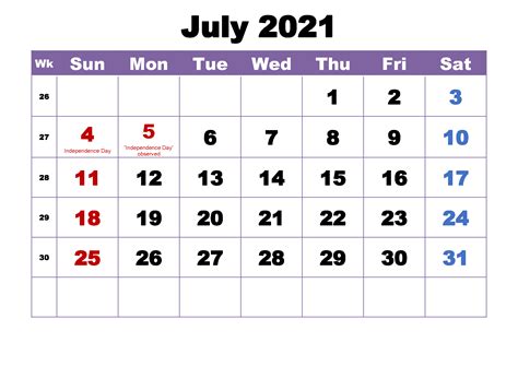 July 2021 Calendar Printable With Holidays