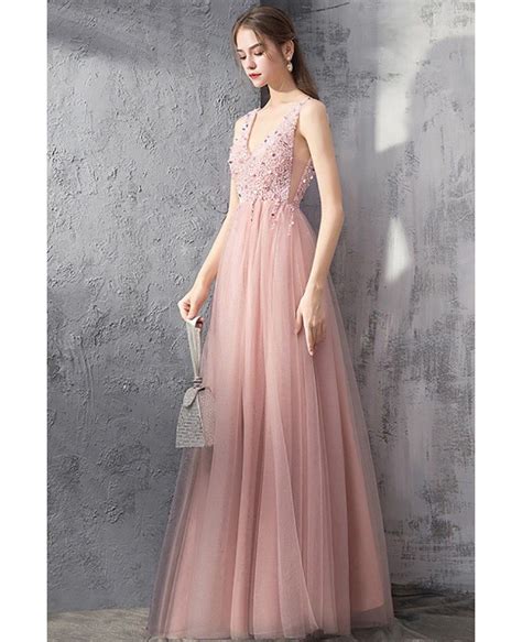 Beaded Flowy Long Tulle Pink Prom Dress Vneck With Bling Sequins Dm69054