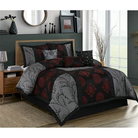 Hig 7 Piece Burgundy Patchwork And Jacquard Queen Size Comforter Set