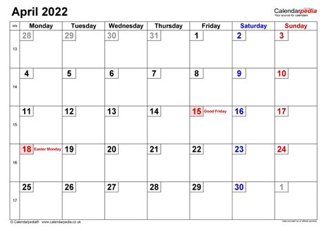 Calendar April 2022 Uk With Excel Word And Pdf Templates