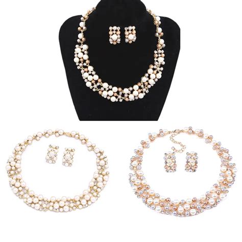hot sale wedding bridal african costume imitation pearl necklace earrings set for women crystal