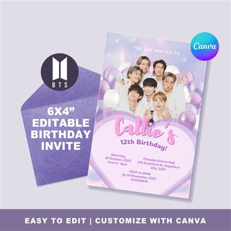 Printable Bts Birthday Invitation Digital Kpop Party Invite Custom