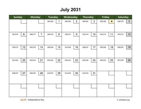 July 2031 Calendar With Day Numbers