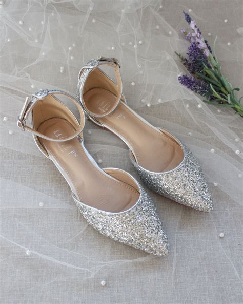 Silver Rock Glitter Ballet Flats With Velcro Ankle Strap Ankle Strap