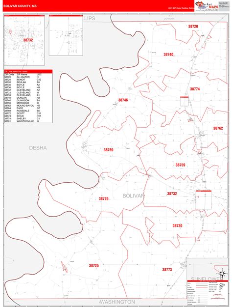 Bolivar County Ms Zip Code Wall Map Red Line Style By Marketmaps