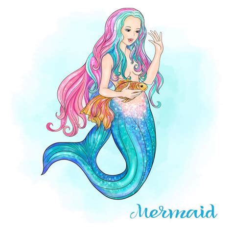 Hand Drawn Mermaid Holding A Gold Fish On Watercolor Background Stock