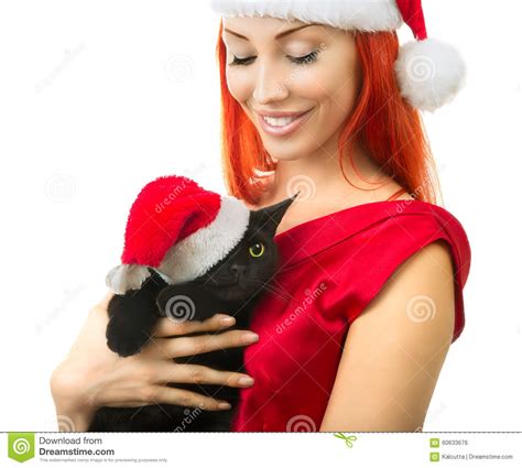Woman In Santa Claus Hat With Cat Santa Cute Christmas