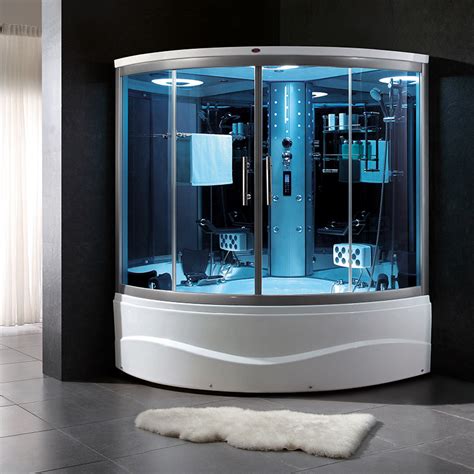 Supply Big Blue Glass Corner Steam Room With Jacuzzi And Foot Massage
