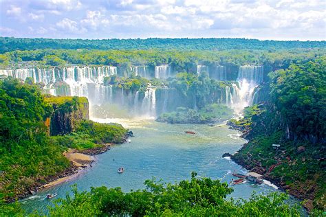Tour Boats And Waterfalls In Iguazu Falls National Park Brazil