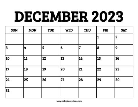 December 2023 Calendar Printable Calendar Options