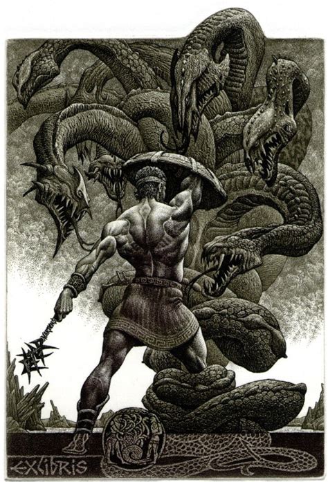 Hercules And Lernean Hydra Labor Two Eching By J Jordanov Rysunki Mitologia Grecka