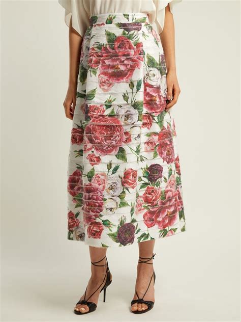 Peony And Rose Print High Rise Midi Skirt Dolce Gabbana