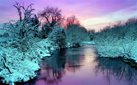 Winter River Nature Landscape Reflection Sunset Sunrise Snow Sky
