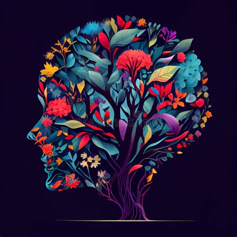 Human Brain Tree With Flowers And Butterflies Concept Of Self Care