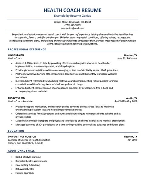 Health Coach Resume Example Skills And Free Download