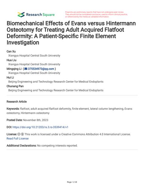 PDF Biomechanical Effects Of Evans Versus Hintermann Osteotomy For Treating Adult Acquired