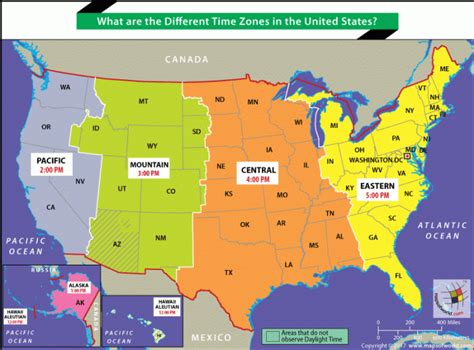 It never observes daylight saving time. US map showing different time zones - Answers