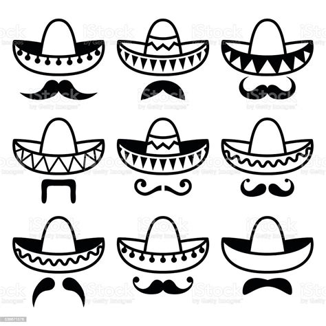 Mexican Sombrero Hat With Moustache Or Mustache Icons Stock Illustration Download Image Now