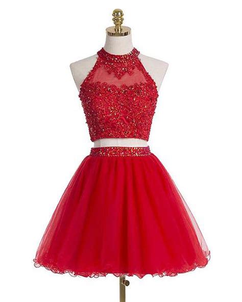 Red Beaded Two Piece Homecoming Dresses Short Halter Organza Prom