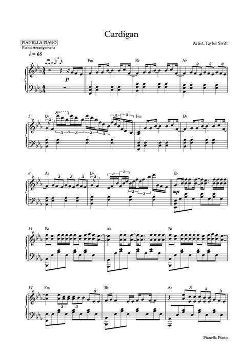 Taylor Swift Cardigan Piano Sheet By Pianella Piano Helaian