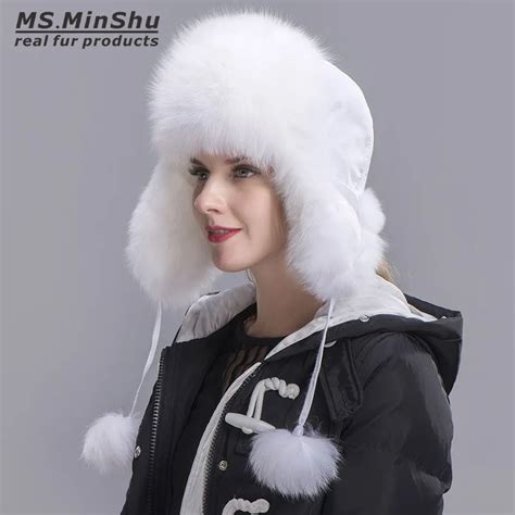 Ms Minshu Fox Fur Hat Women S Genuine Fox Fur Trapper Hat With Pom Pom Russian Fur Hat Unisex