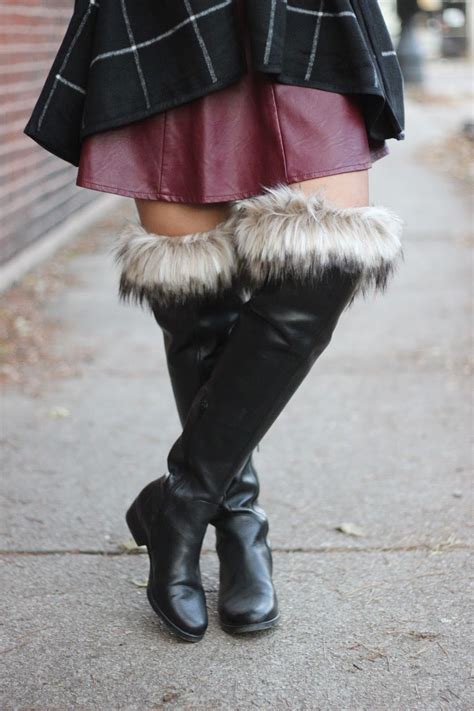 faux fur boot cuffs over the knee boots burgundy leather skirt fall fashion faux fur boots