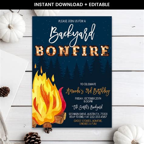 Editable Fall Backyard Bonfire Birthday Invitation Fall Etsy