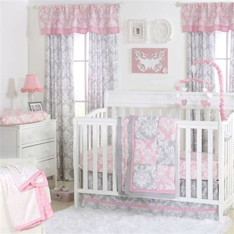 The Peanut Shell 4 Piece Baby Crib Bedding Set Pink And Grey Damask