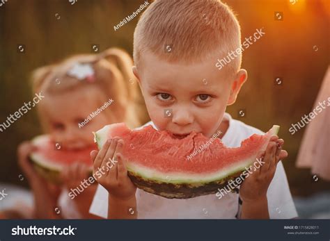 Happy Kids Eating Watermelon Summer Sunset Stock Photo 1715828011