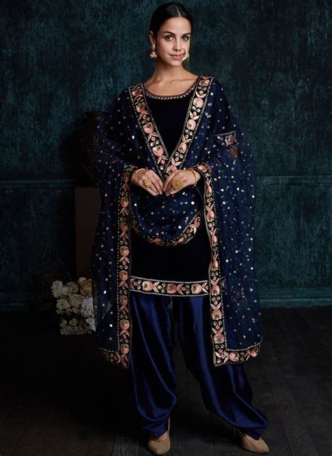 Navy Blue Embroidered Velvet Punjabi Suit Lashkaraa Indian Designer