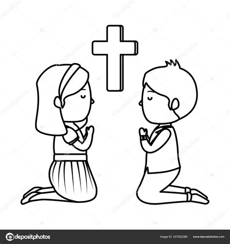 Little Kids Kneeling With Cross First Communion Stock Vector By