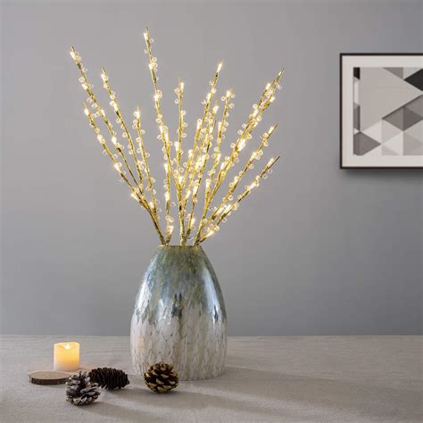 3 Pack Lighted Tree Branches Crystal Beaded Gold Branch Lights With