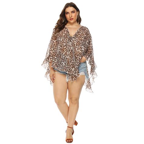Plus Size Chiffon Beach Coverups Leopard Printed Tops Women Fashion Two Wearing Method Beach