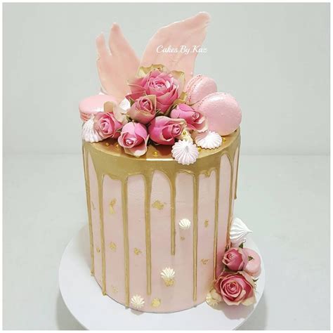 Pink And Gold Drip Cake With Gold Leaf Macarons Meringues Fresh