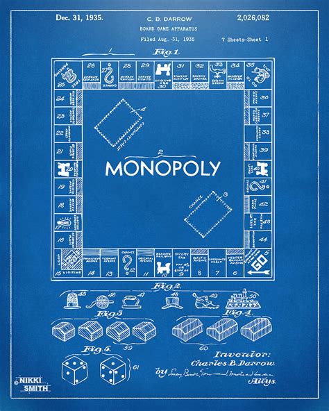 1935 Monopoly Game Board Patent Artwork Blueprint Drawing By Nikki