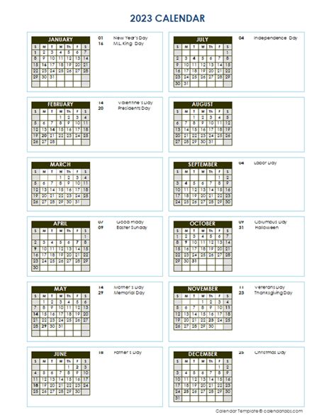 2023 Full Year Calendar Vertical Template Free Printable Templates