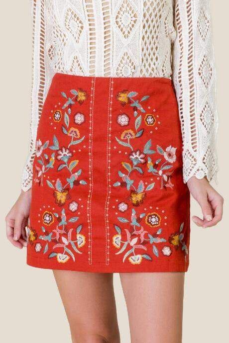 Francescas Karessa Embroidered Mini Skirt Cinnamon Twill Skirt Top