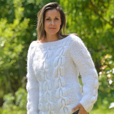 White Hand Knit Mohair Sweater Fluffy Cable Knit Handmade Crewneck