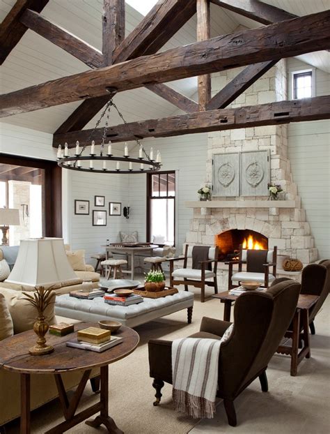 Austin Rustic Farmhouse Decor Living Room With Tufted Ottoman Traditional Chandeliers Clerestory