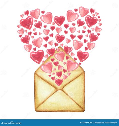 Open Envelope With Pink Red Hearts Hand Drawn Watercolor Illustration