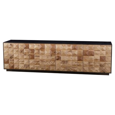The wood cabinet provides an open shelf with a removable wine rack and another open shelf with a wine glass holder mounted at the top. Thomas Bina Frank Mid Century Modern Wood 4 Door Buffet Sideboard