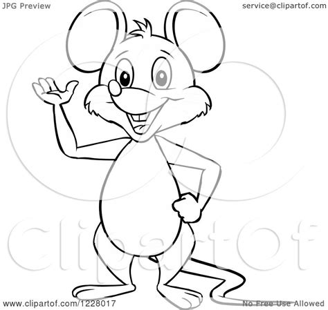 Clipart Of A Black And White Happy Mouse Waving And Standing Upright