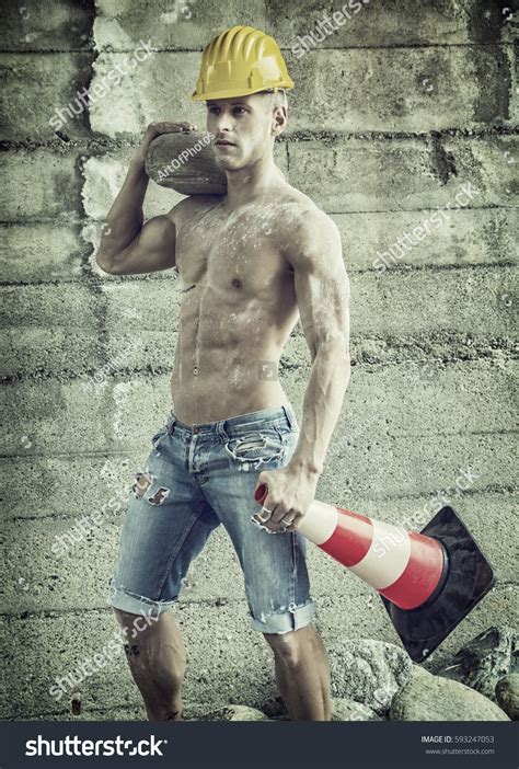 Handsome Muscular Construction Worker Standing Shirtless Stock Photo Shutterstock