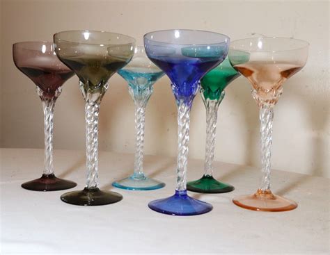 Lot Of 6 Hand Blown Twisted Stem Multi Color Glass Crystal Cordials Wine Glasses Ebay
