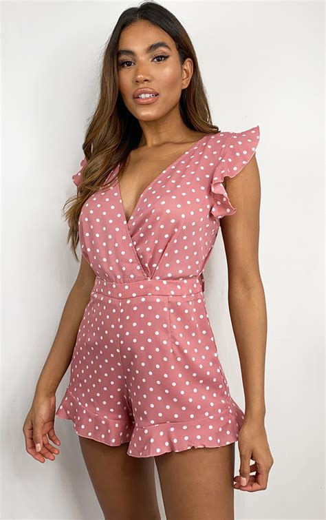 Dusty Pink Polka Dot Tie Back Playsuit Prettylittlething Ie