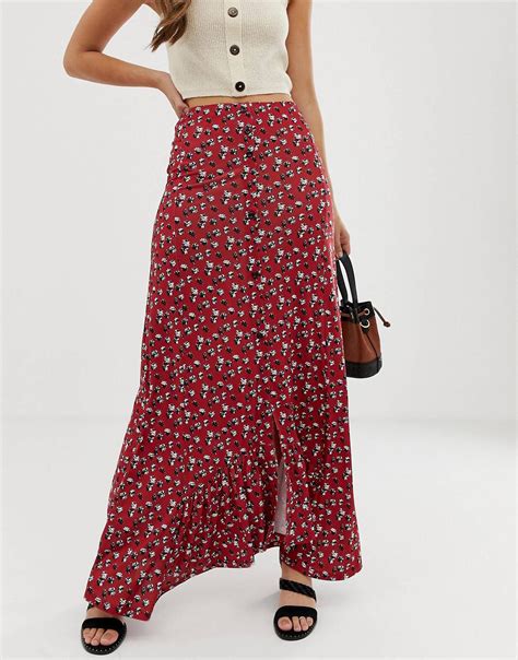 Asos Design Button Front Maxi Skirt In Floral With High Low Hem Asos