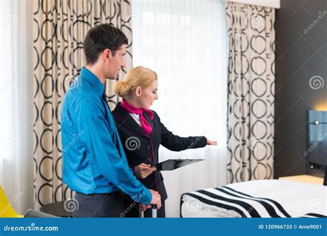Hotel Manager Welcoming Guest Showing Room Stock Image Image Of