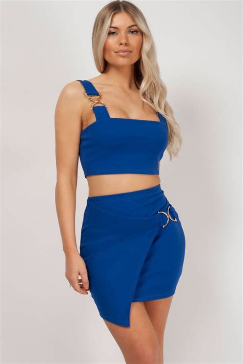 Gold Buckle Crop Top And Wrap Skirt Co Ord Set Uk
