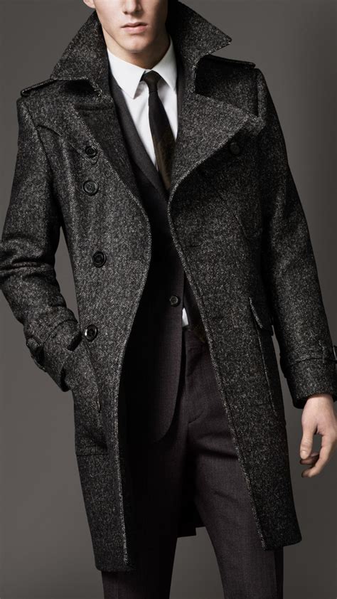 Burberry Wool Tweed Belted Coat In Dark Grey Melange Gray For Men Lyst