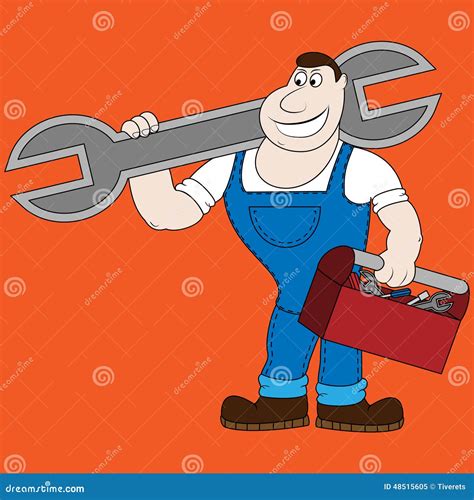 Cartoon Mechanic Holding A Huge Wrench Stock Vector Illustration Of